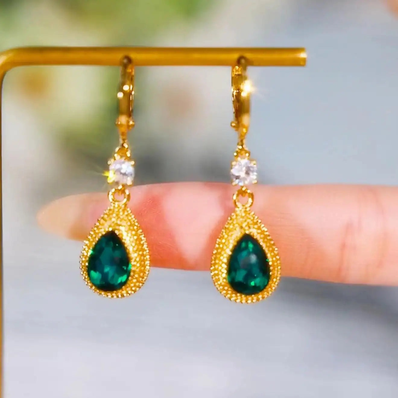 Green Teardrop Drop Earrings
