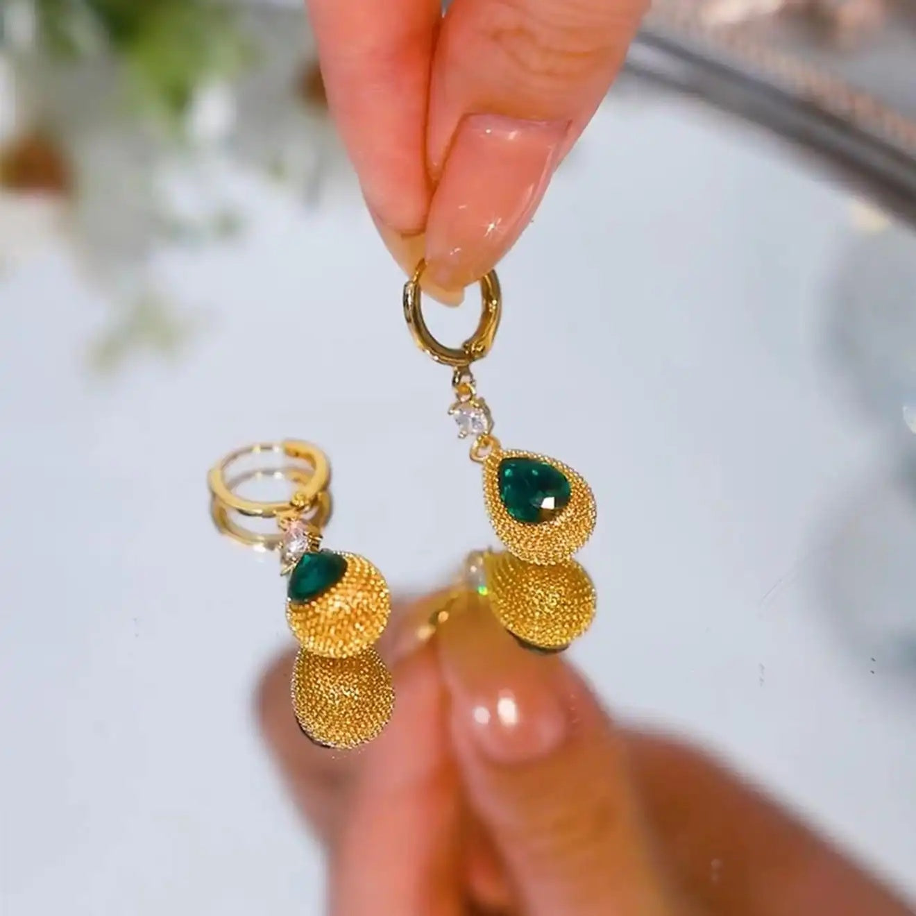 Green Teardrop Drop Earrings