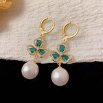Green Three-Leaf Flower Pearl Tassel Drop Earrings