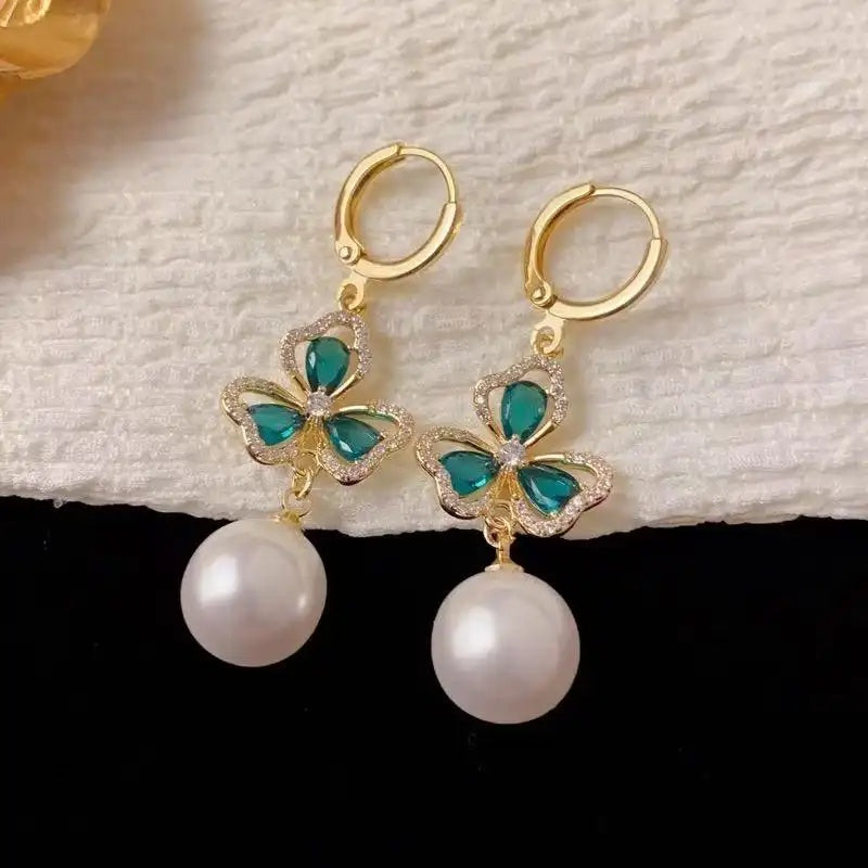 Green Three-Leaf Flower Pearl Tassel Drop Earrings