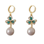 Green Three-Leaf Flower Pearl Tassel Drop Earrings