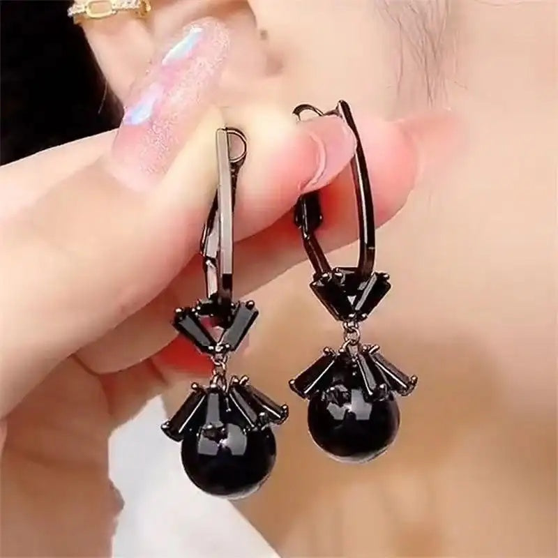Gun Black Crystal Hoop Earrings