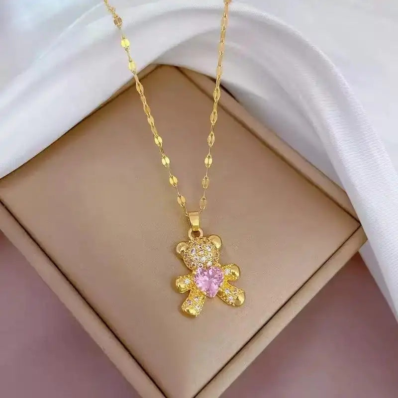 Heart Bear Crystal Korean Ins Pendant Necklace
