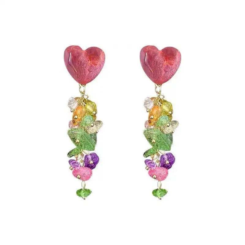 Heart Crushed Stone Long Tassel Drop Earrings