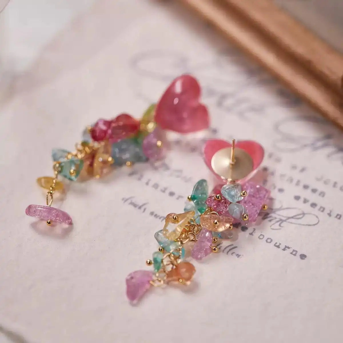 Heart Crushed Stone Long Tassel Drop Earrings