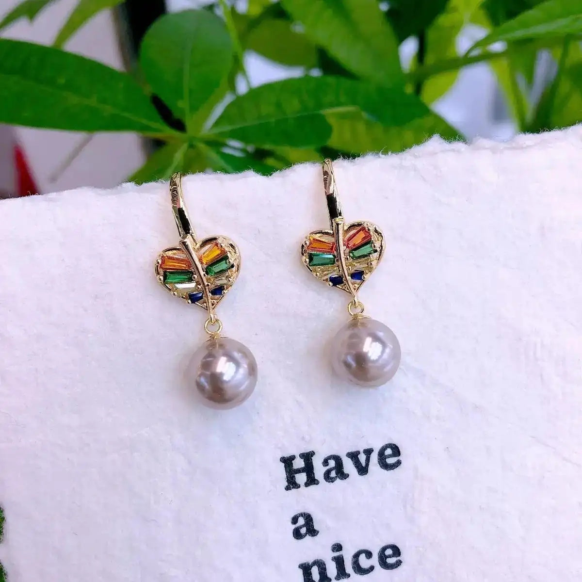 Heart Crystal and Pearls Drop Earrings