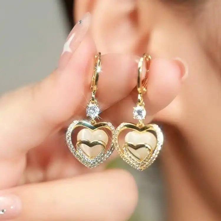 Heart Crystal and Tassel Drop Earrings
