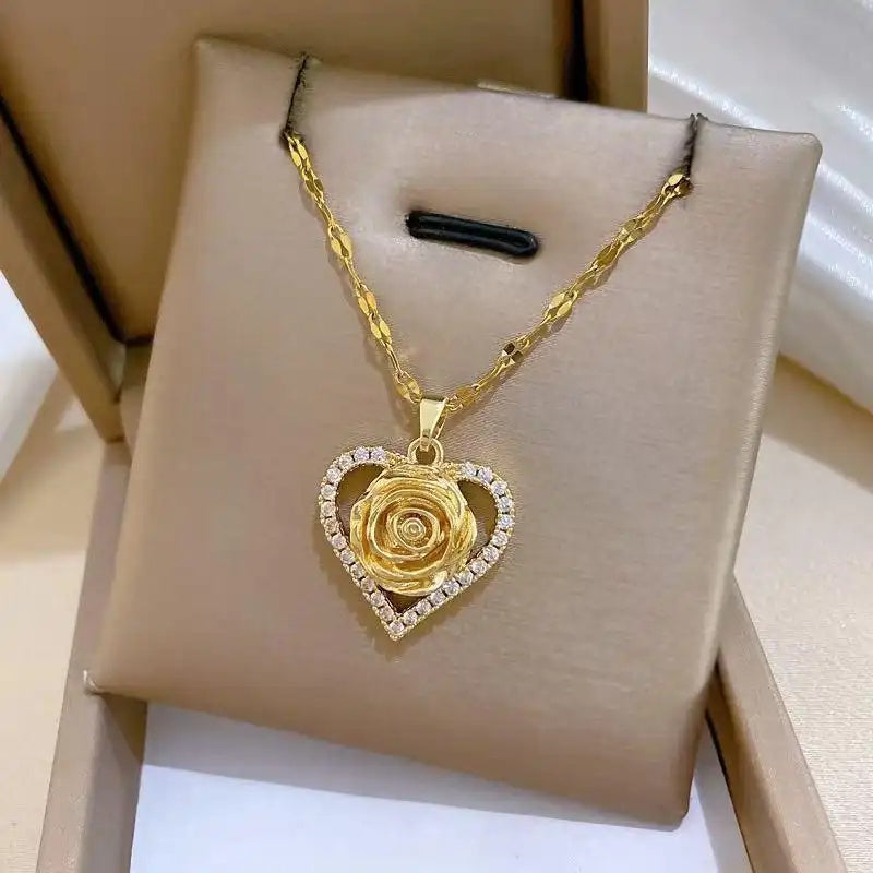 Heart Rose Crystal Dazzling Stone Necklace