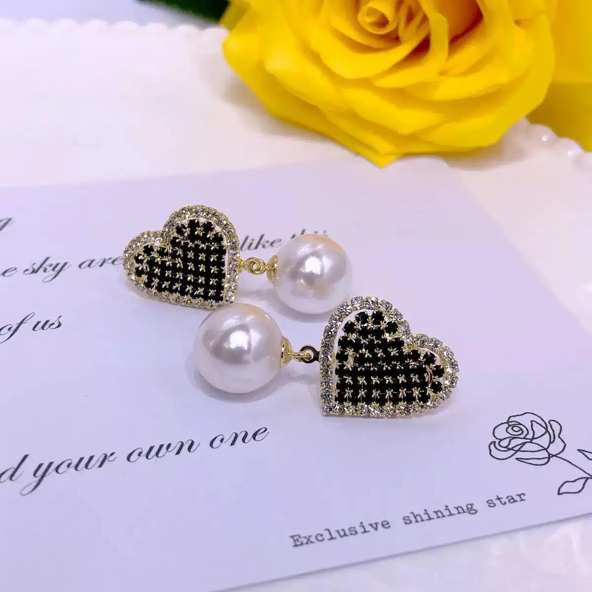 Heart-Shaped Pearl Crystal Earrings