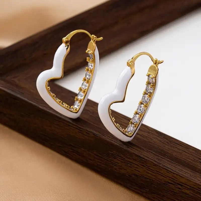 Heart-Shaped White Oil Crystal Ear Drop Earrings