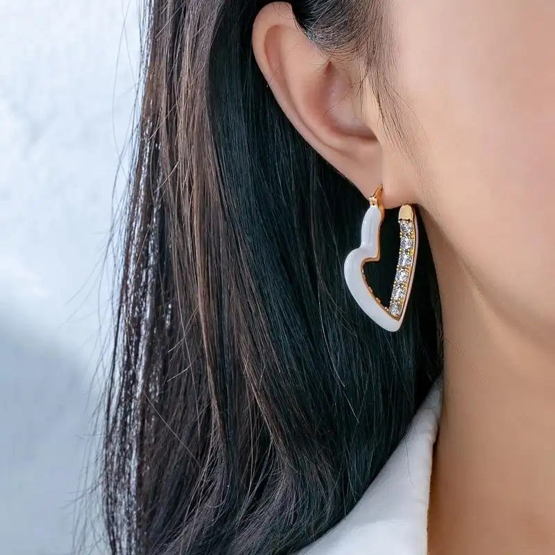 Heart-Shaped White Oil Crystal Ear Drop Earrings