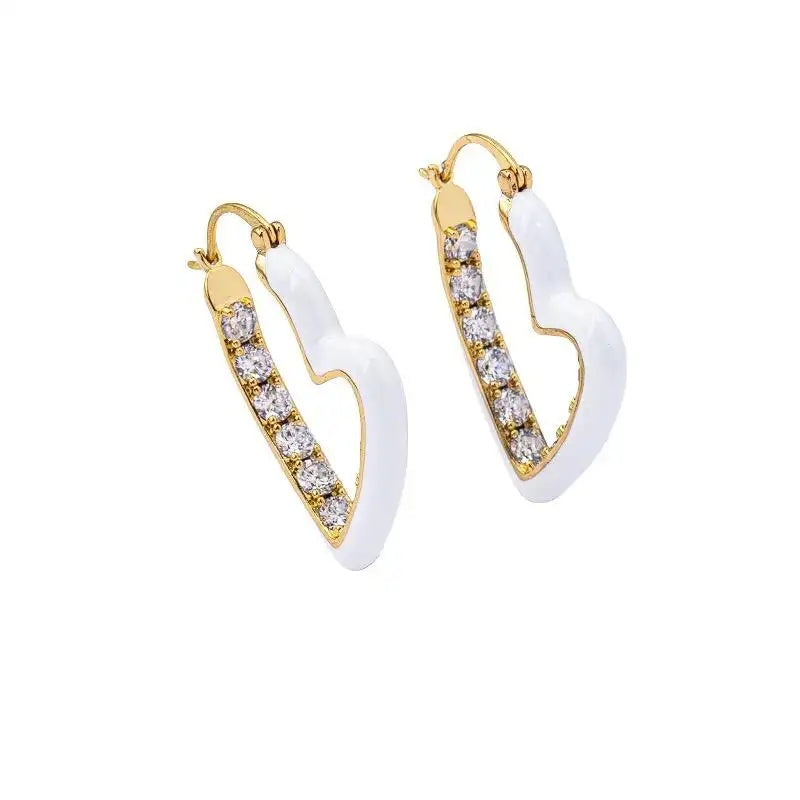 Heart-Shaped White Oil Crystal Ear Drop Earrings