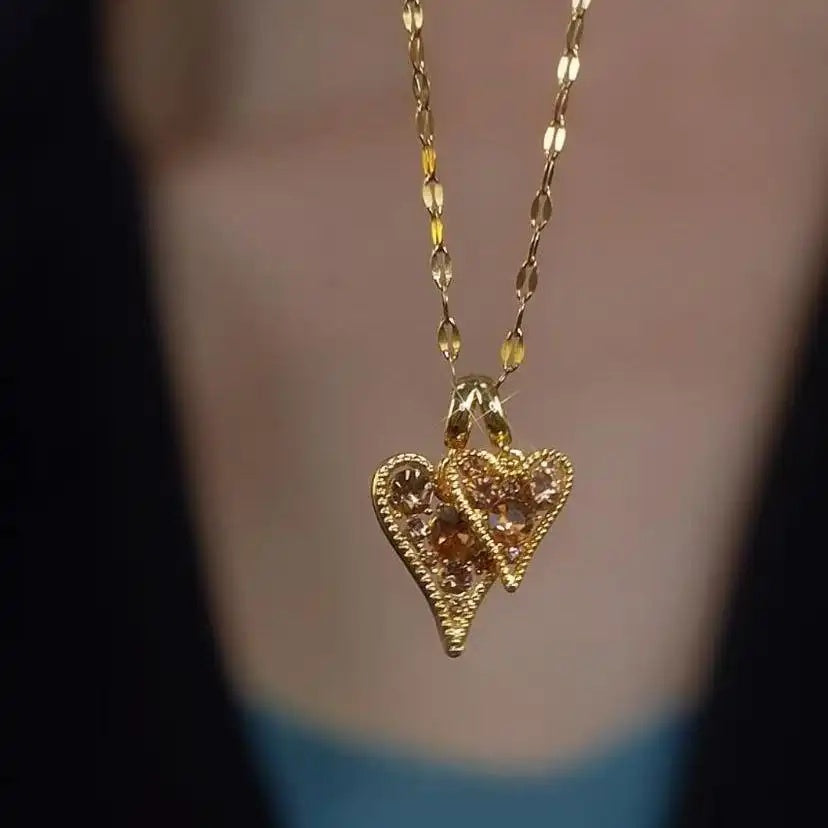 Hollow Double Heart Korean Crystal Necklace