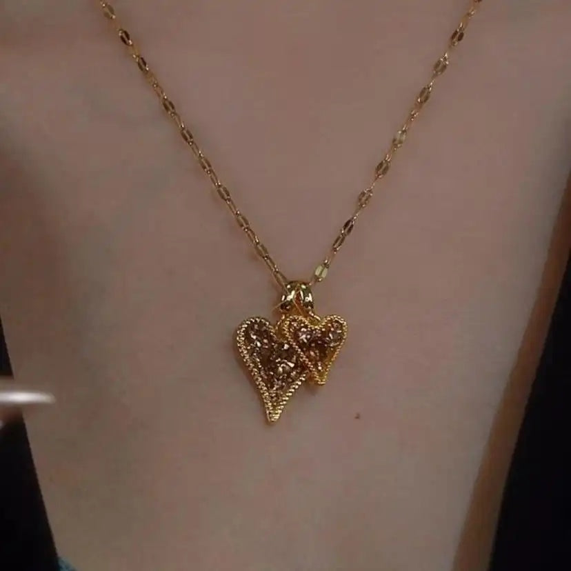 Hollow Double Heart Korean Crystal Necklace