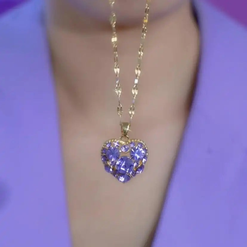 Hollow Purple Heart Korean Crystal Necklace