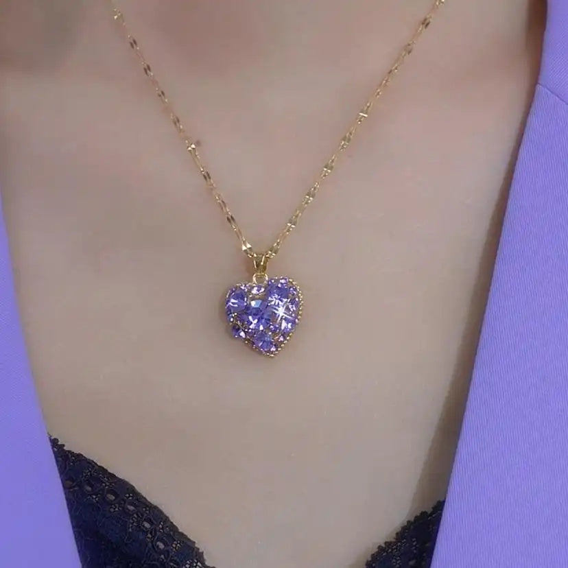 Hollow Purple Heart Korean Crystal Necklace