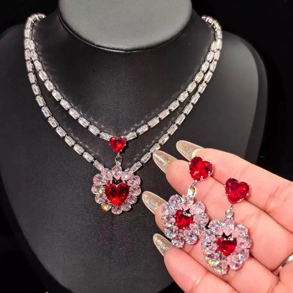 Hot Red Heart Crystal and Jewelry Set