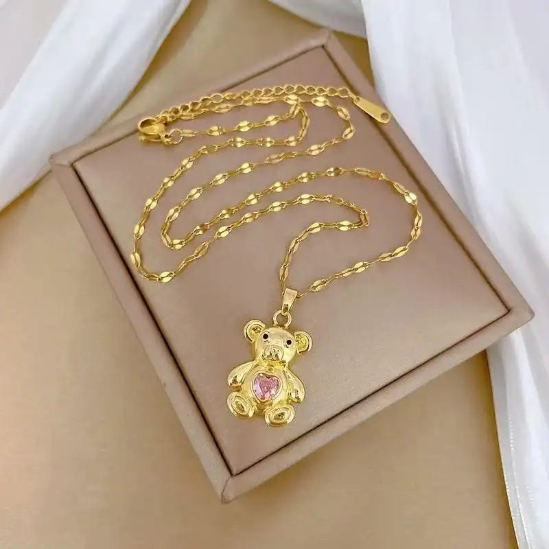 Hot Tiktok Pink Heart Bear Necklace