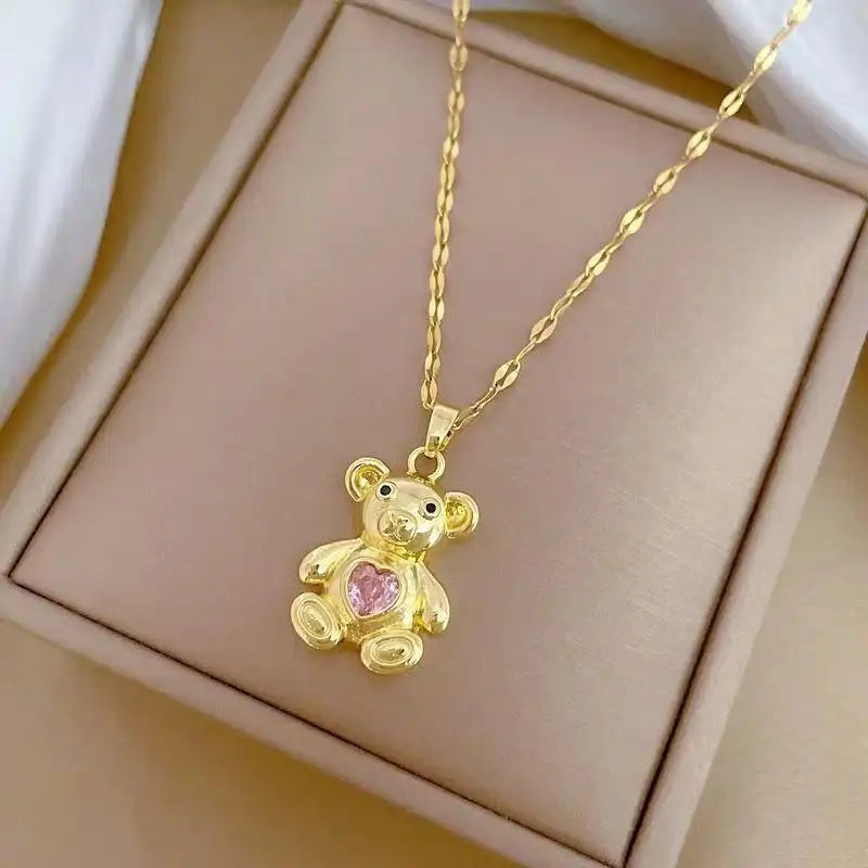 Hot Tiktok Pink Heart Bear Necklace