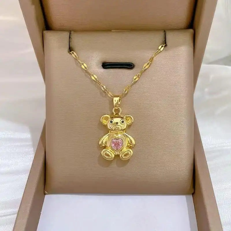 Hot Tiktok Pink Heart Bear Necklace