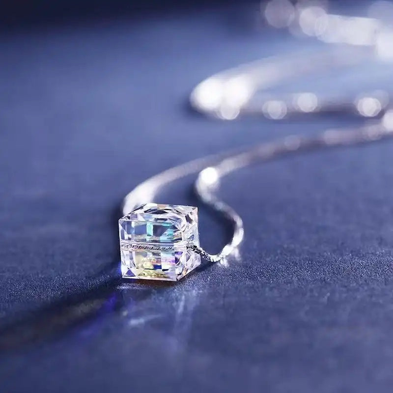 Iridescent Cube Crystal Pendant Necklace