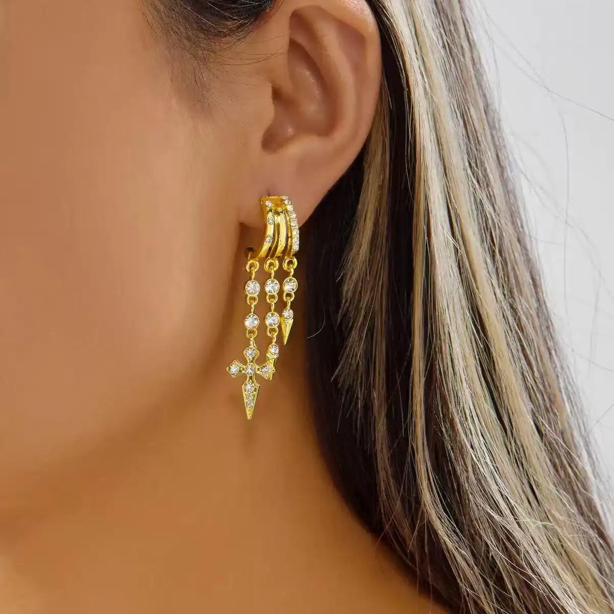 Irregular Cross Tassel Crystal Drop Earrings