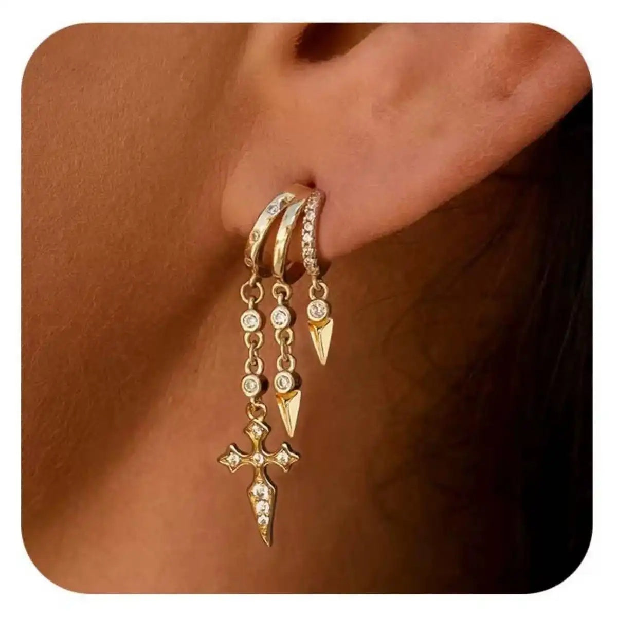 Irregular Cross Tassel Crystal Drop Earrings