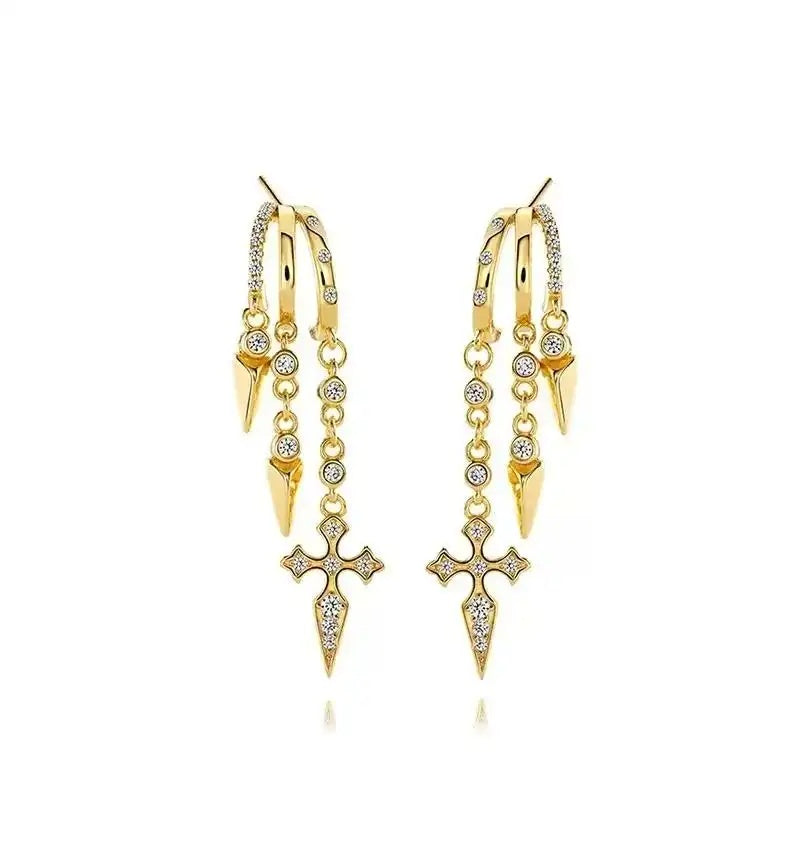 Irregular Cross Tassel Crystal Drop Earrings
