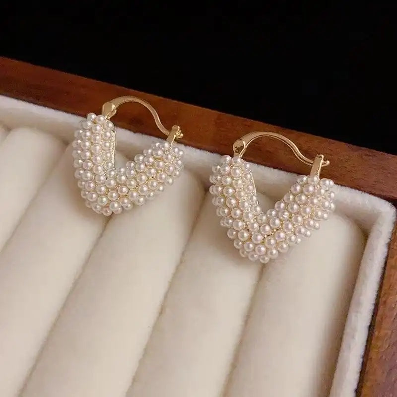 Japanese and Korean Pearl Heart Hoop Earrings
