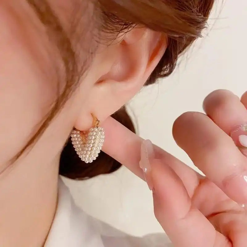 Japanese and Korean Pearl Heart Hoop Earrings