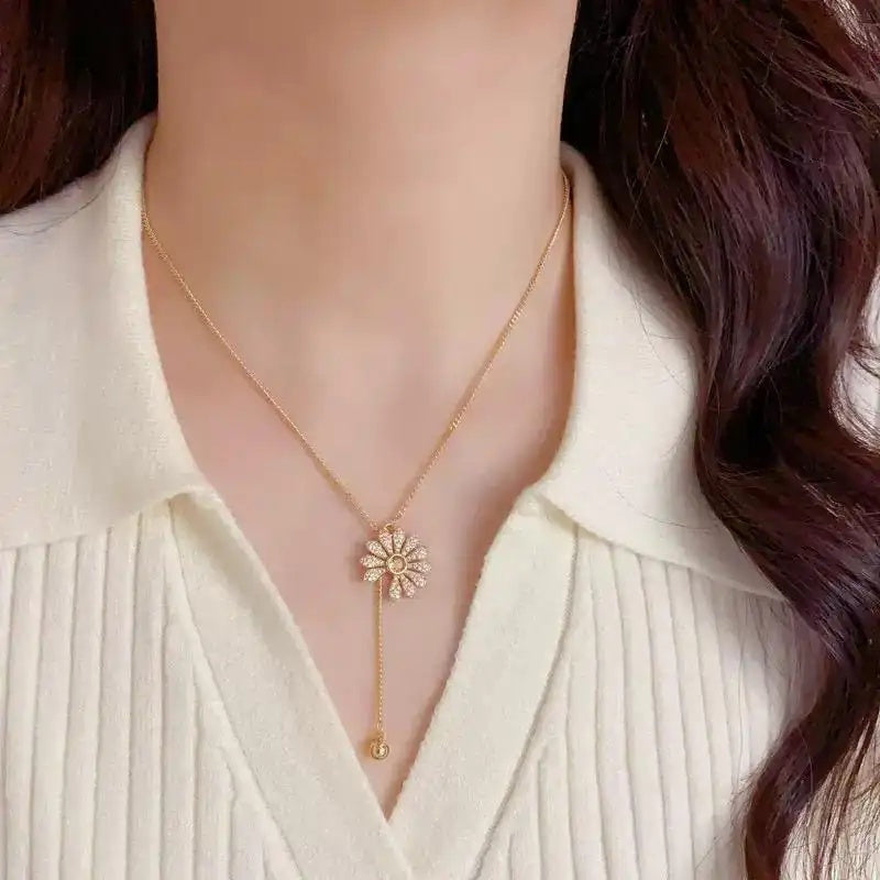 Japanese Korean Crystal Daisy Tassel Necklace