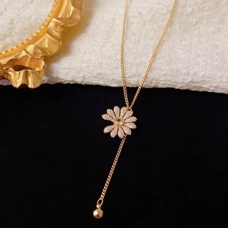 Japanese Korean Crystal Daisy Tassel Necklace