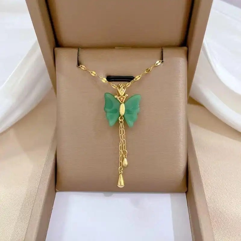 Jasper Butterfly Craftsmanship Real Gold Pendant Necklace