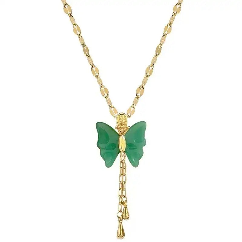 Jasper Butterfly Craftsmanship Real Gold Pendant Necklace