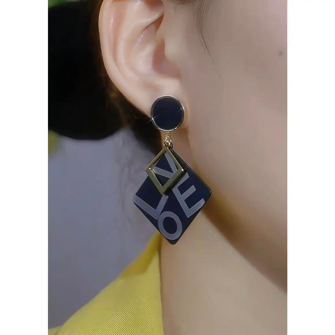 Korean Black English Rhombus Resin Drop Earrings