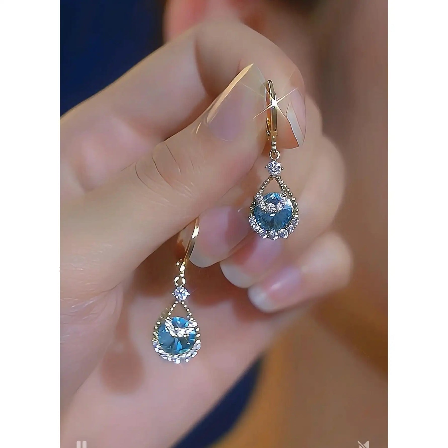 Korean Blue Crystal Teardrop Drop Earrings