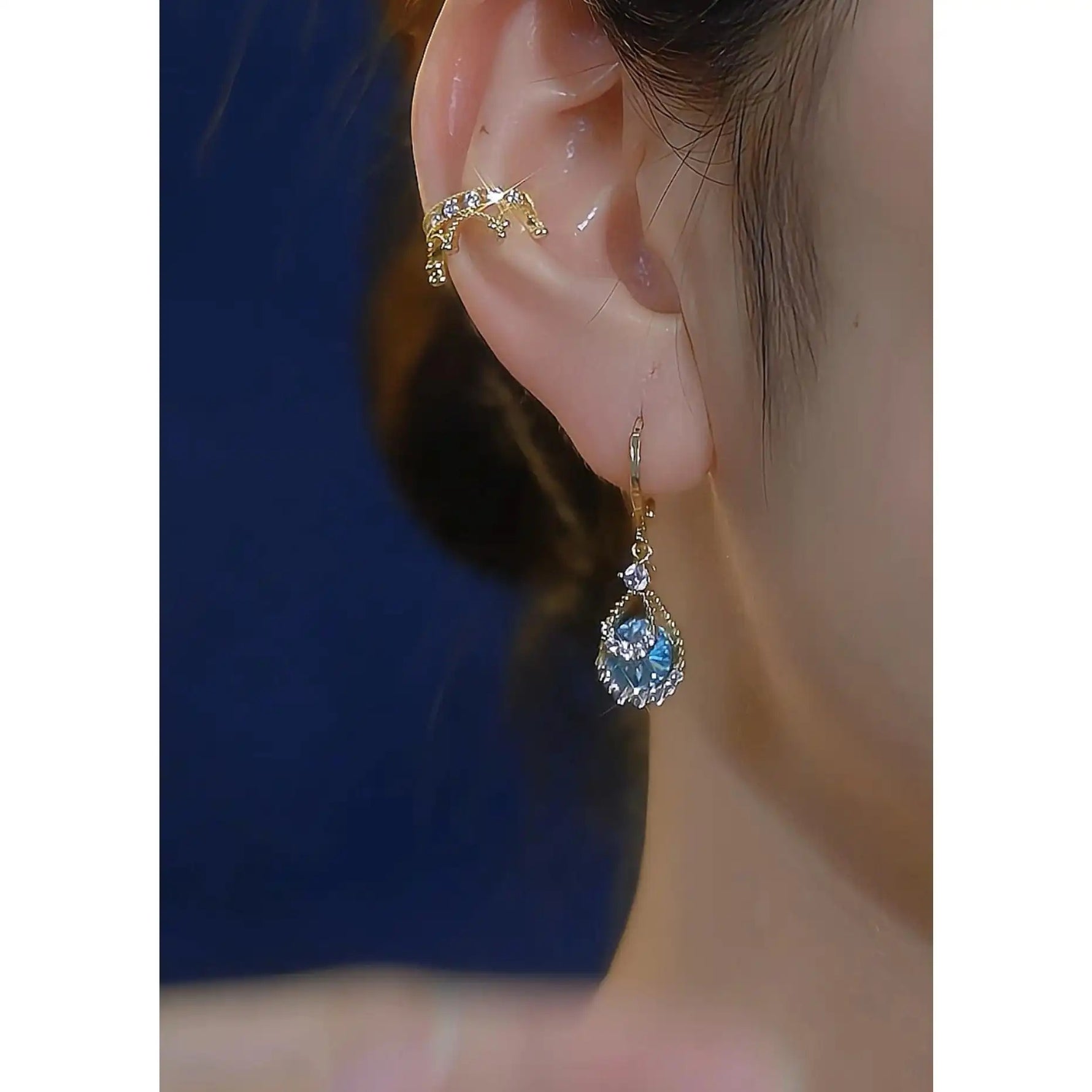 Korean Blue Crystal Teardrop Drop Earrings
