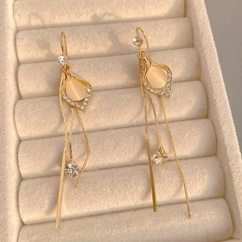 Korean Cat Eye Long Tassel Drop Earrings