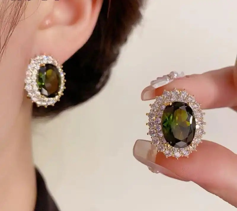 Korean Crystal Emerald Oval Earrings