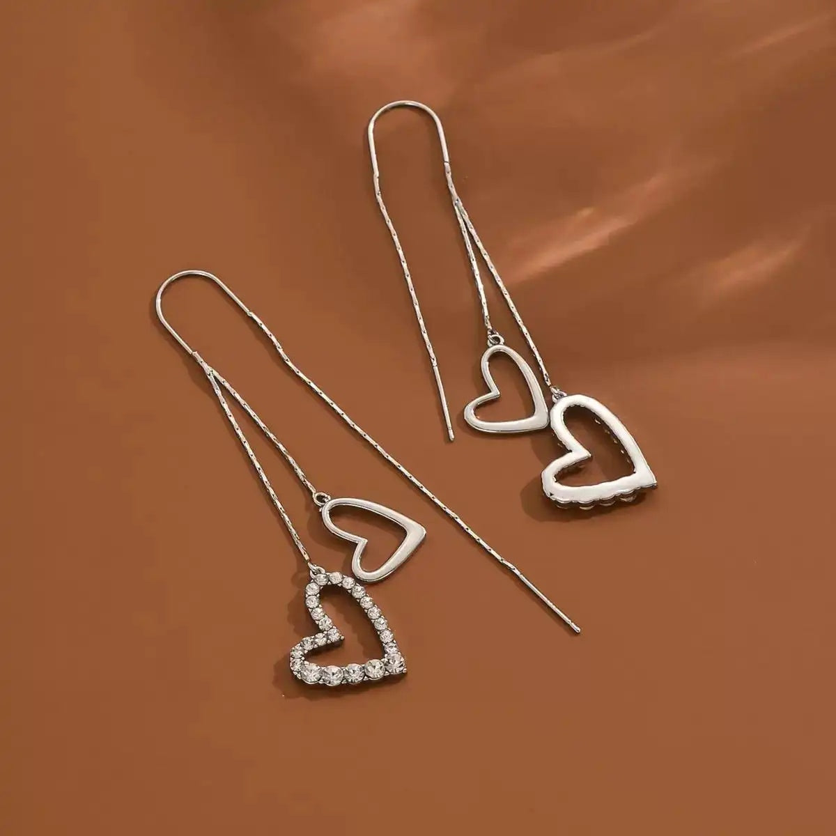 Korean Diamond Studded Double Heart Drop Earrings