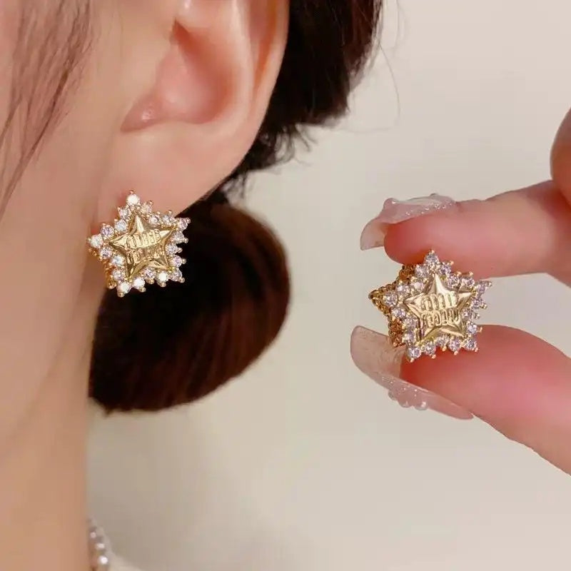 Korean Double-Sided Star Crystal Hoop Earrings