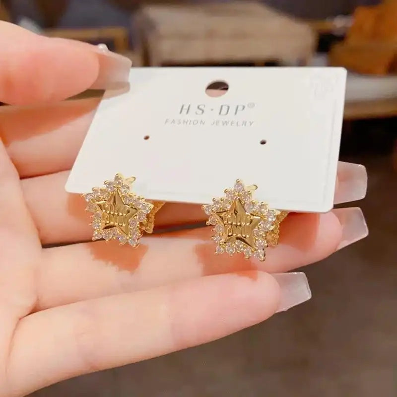 Korean Double-Sided Star Crystal Hoop Earrings