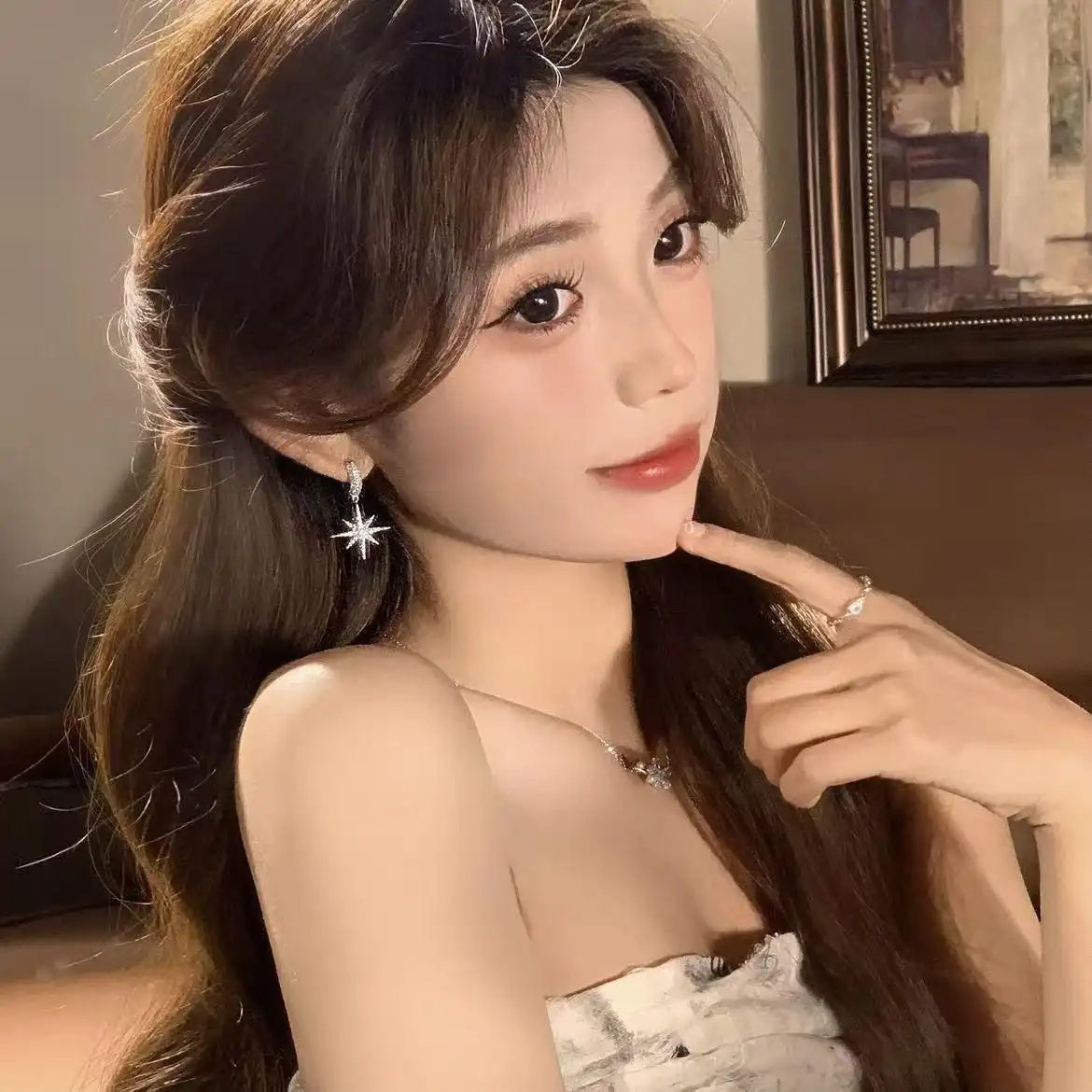 Korean Eight-Pointed Star Crystal 925 Earrings