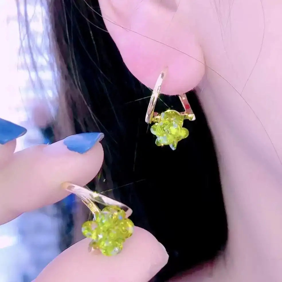 Korean Green Flower Crystal Clip-On Earrings