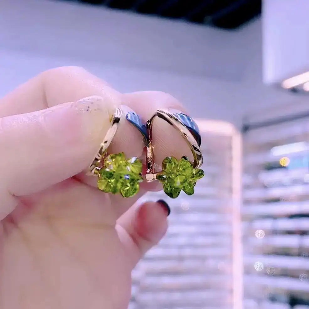 Korean Green Flower Crystal Clip-On Earrings