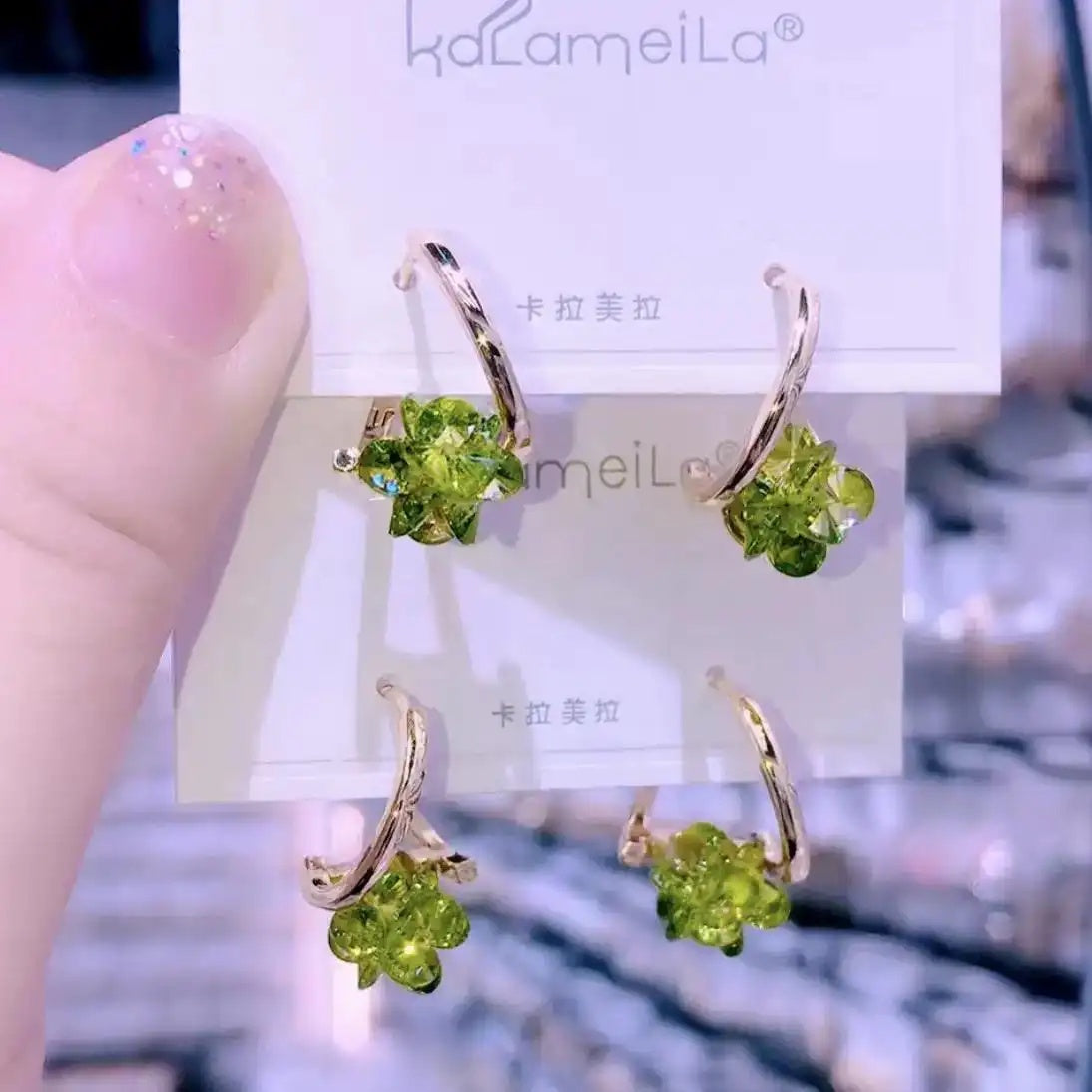 Korean Green Flower Crystal Clip-On Earrings