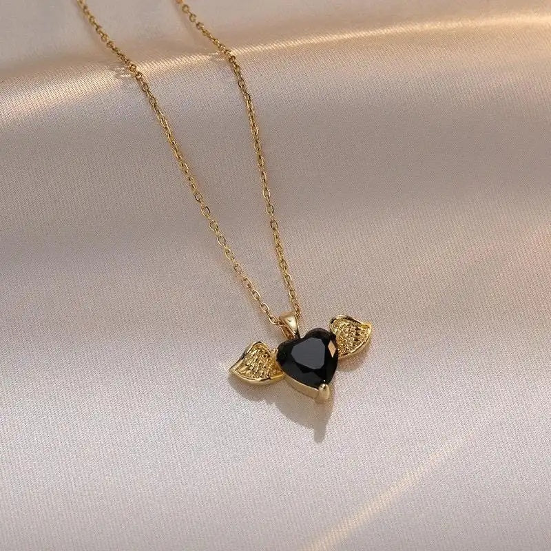 Korean Heart Angel Black Faceted Necklace
