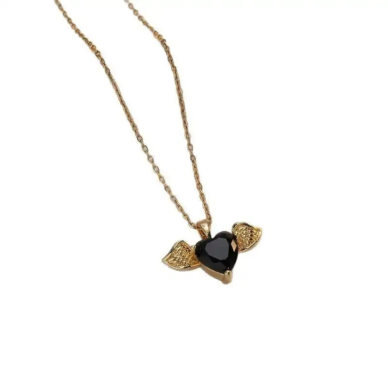 Korean Heart Angel Black Faceted Necklace