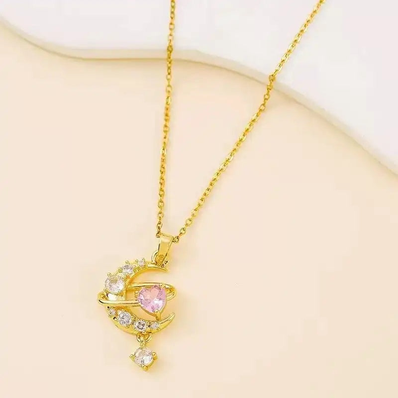 Korean Moon Heart Minimalist Pink Necklace