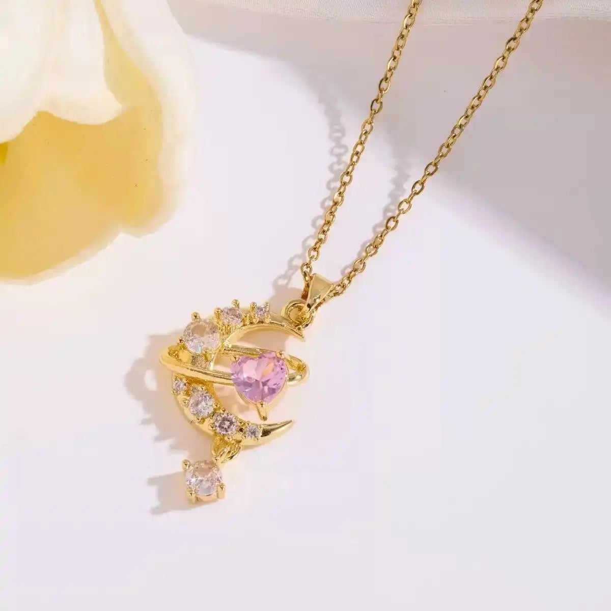 Korean Moon Heart Minimalist Pink Necklace